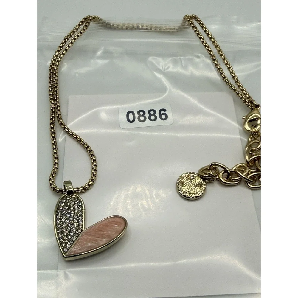 RJ Graziano Heart Pendant Necklace Gold Tone Pink Enamel Crystal 16-19